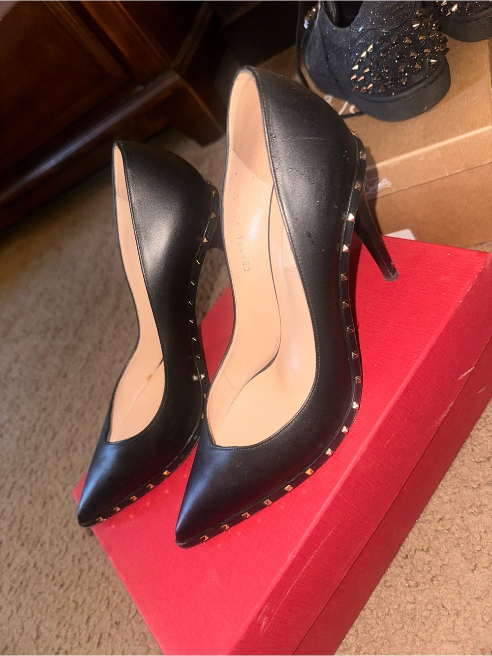 Valentino Black Leather Pointed-Toe Studded Pumps